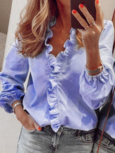 Blusas Falbala de color liso con cuello en V y mangas abullonadas